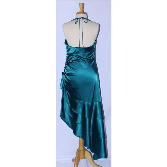 Poly USA #2718 Asymmetrical Satin Dress With Side Ruching-Size L-TEAL-NWT - Picture 2 of 4